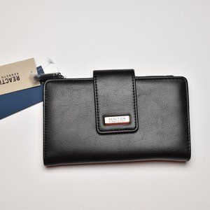 NWT Reaction Kenneth Cole Black RFID Faux Leather Button Snap Whitney Wallet